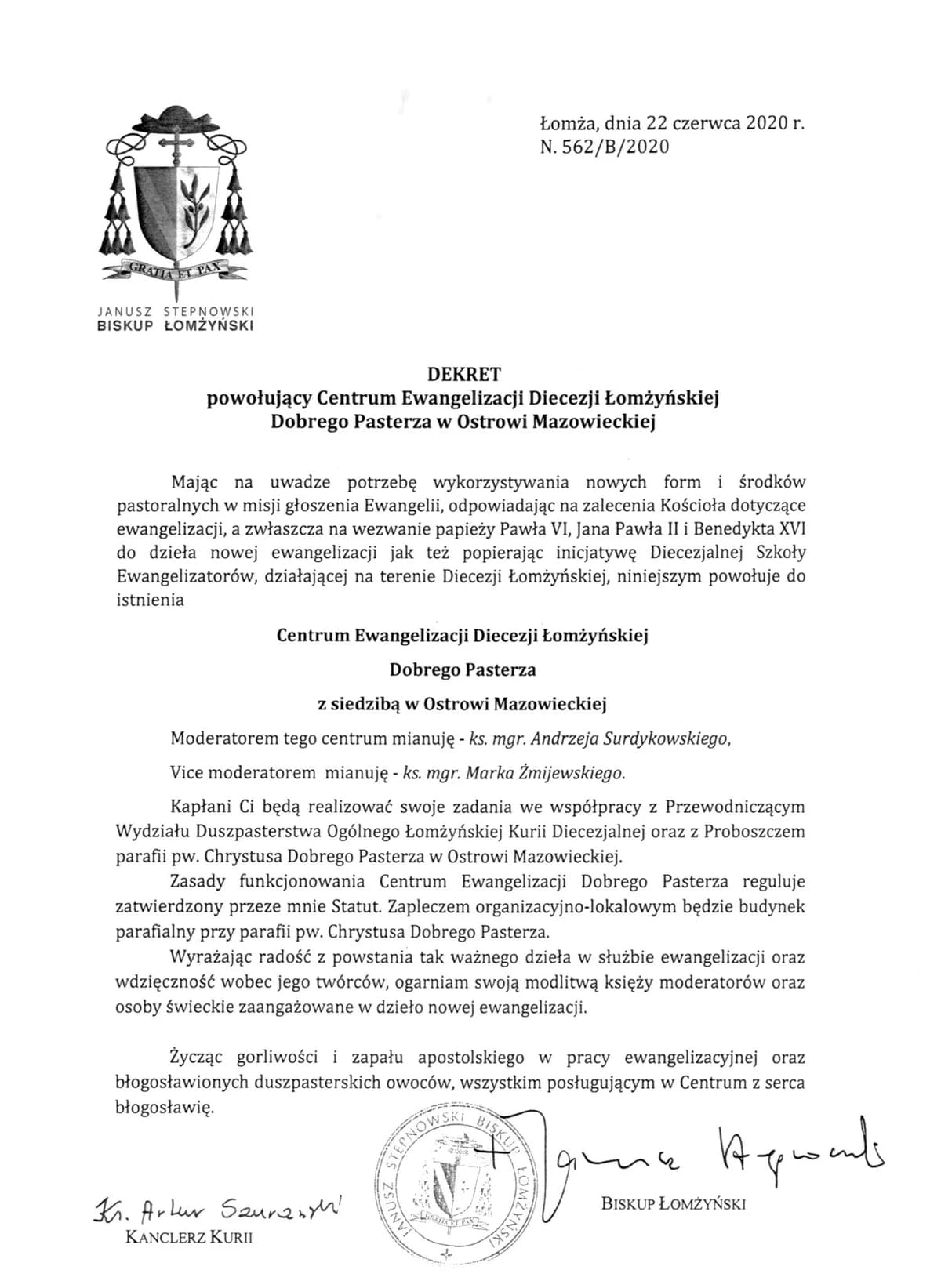 Dekret powołujący Centrum Ewangelizacji